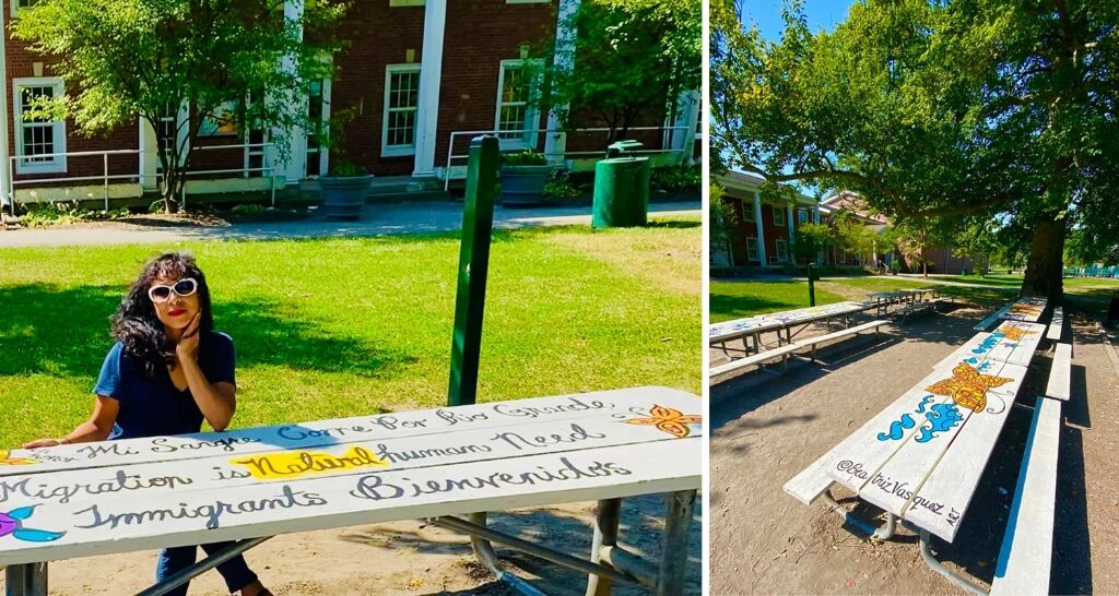 Beatriz Vásquez with her painted picnic tables at Christian Park